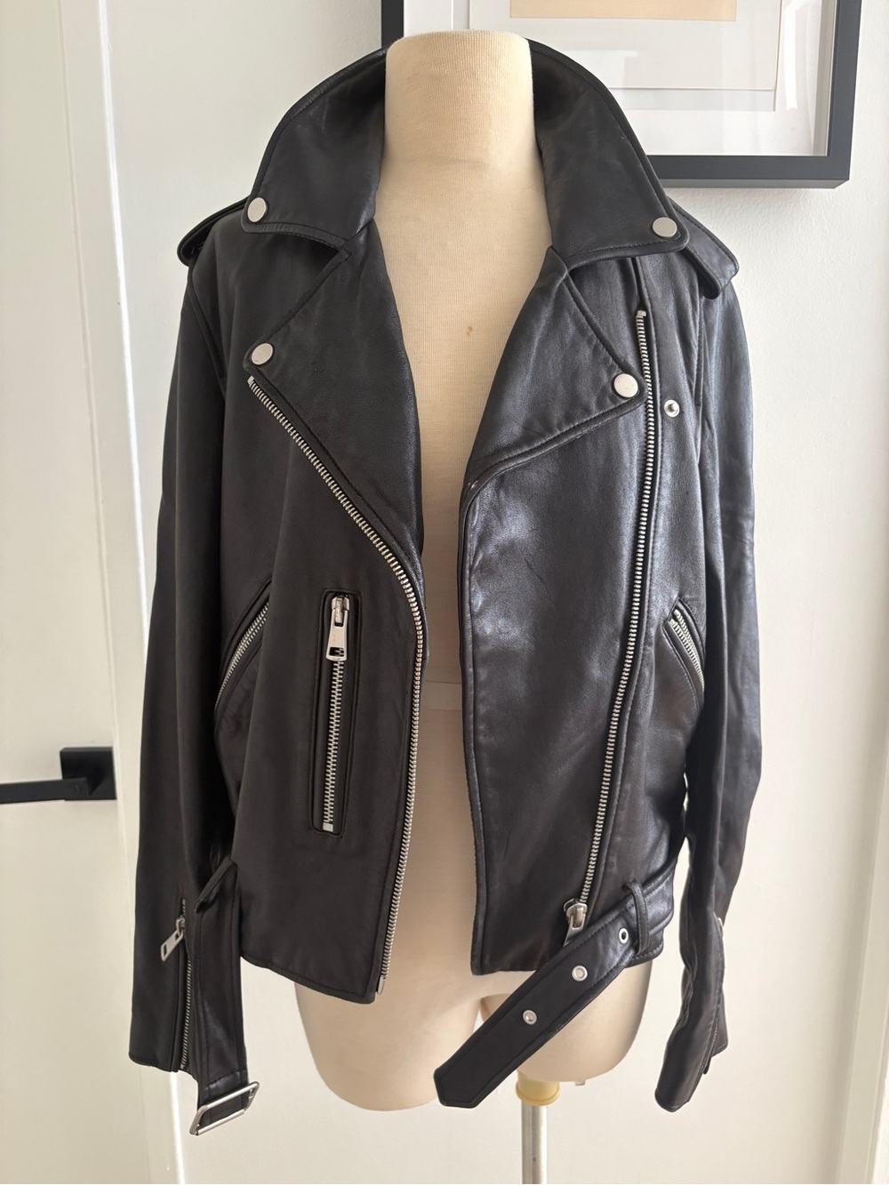 Amaryllis Black Genuine Leather Biker Jacket with Silver Hardware